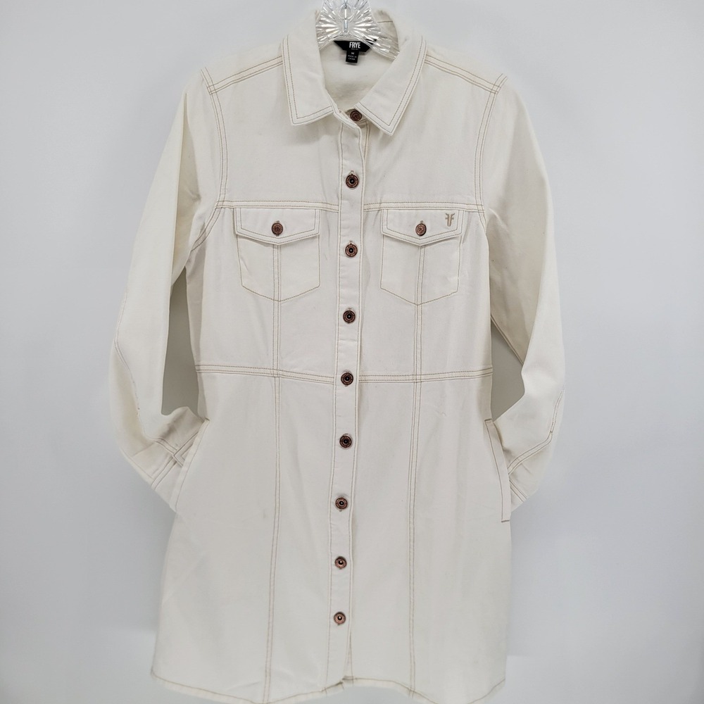 NEW Frye Cream Denim Shirt Dress Long Sleeve Button Front Cotton White Size M